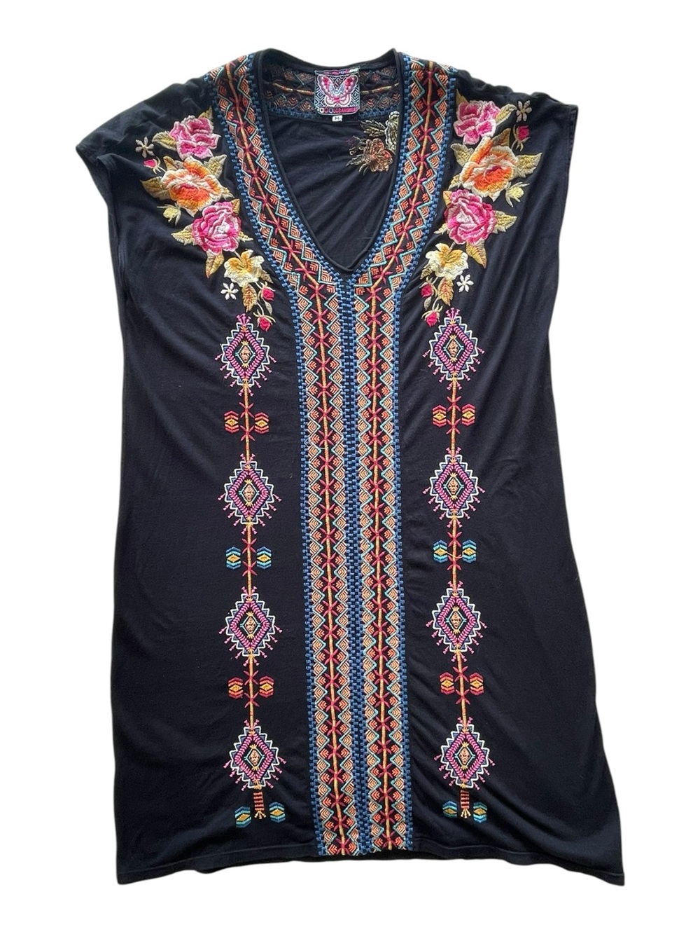 Johnny Was Black Dress with Pink and Yellow Floral Embroidery